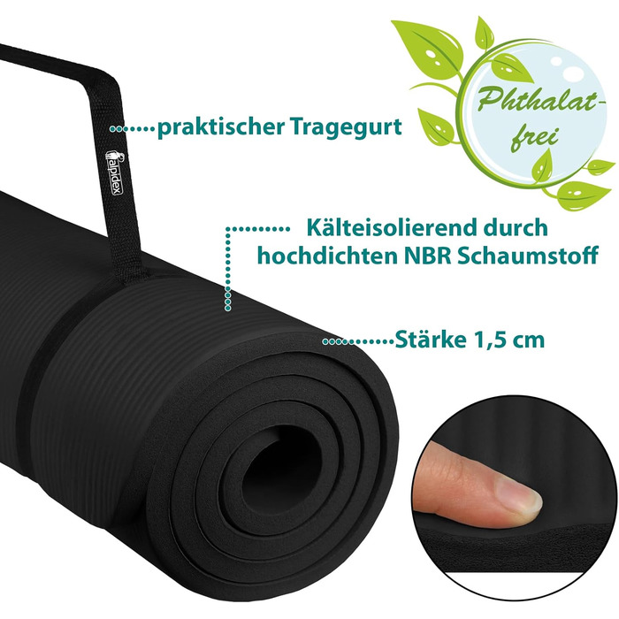 Йога мат ALPIDEX Extra Dick 1,5 см: неслизька фітнес-мат для йоги, пілатесу, гімнастики, HIIT, фізіотерапії та тренувань. Чорний, 190 x 100 x 1.5 см. З електронною книгою. Без фталатів.