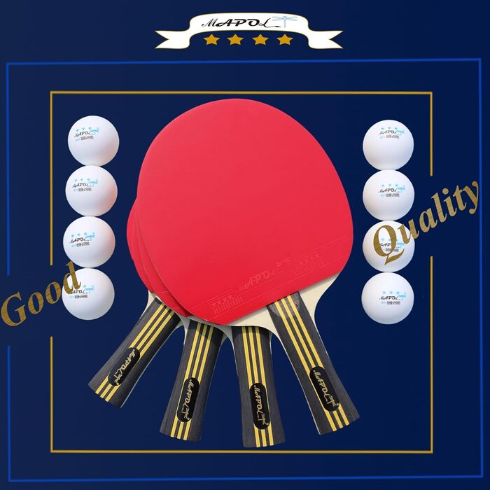 Набір для пінг-понгу MAPOL для 4 гравців: 4 ракетки, 8 + 100 м'ячів, для гри в приміщенні та на вулиці