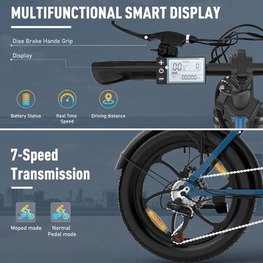 Електровелосипед HITWAY 20'' Fat Tire, складаний, 250W/36V/12Ah, 35-90 км, 7 швидкостей, гірський та міський для чоловіків і жінок