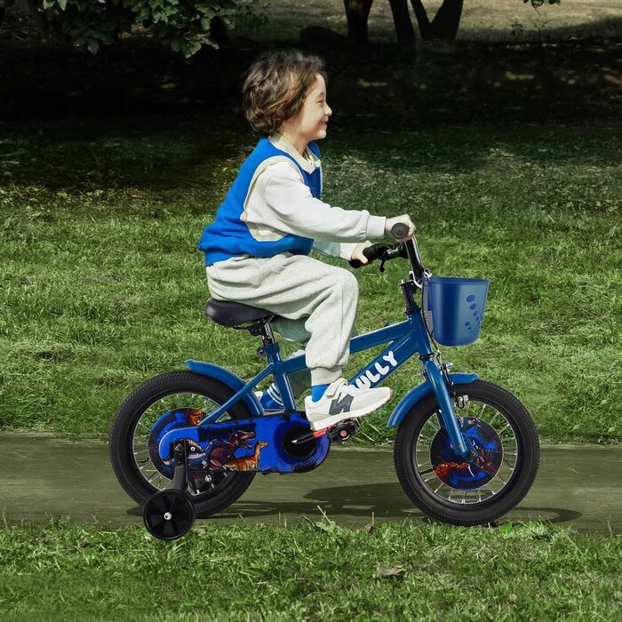 Дитяче велосипед RULLY Динозавр для хлопчиків 2-7 років, 12/14/16 дюймів, BMX, з додатковими колесами, блакитний