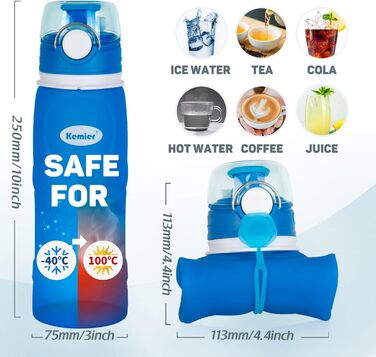 Пляшка для води силіконова складана 750 мл Kollabierbare (медичний силікон, BPA-free, FDA) - спортивна, герметична, блакитна