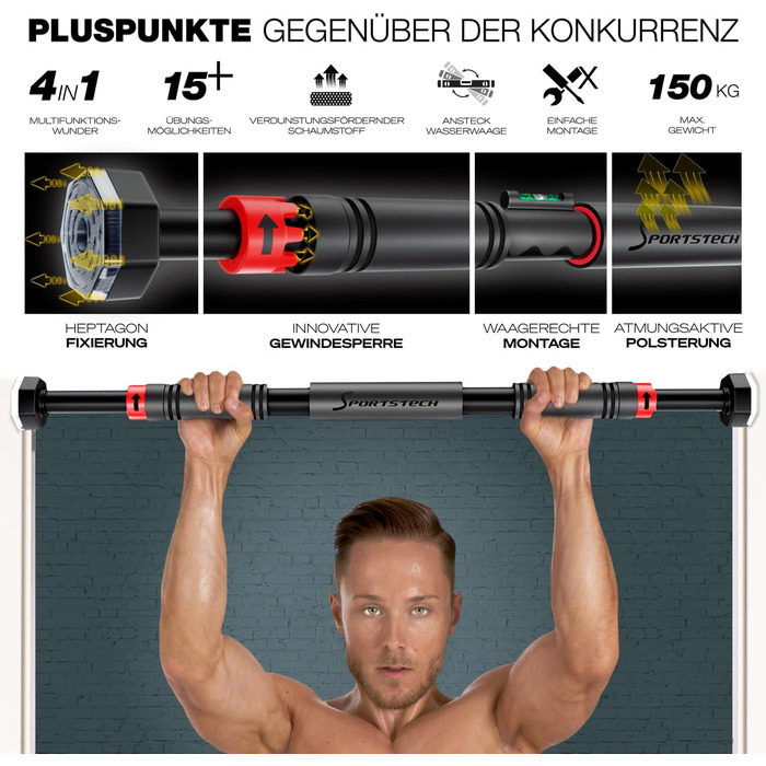 Турнік для дверей Sportstech KS260/270, до 200 кг, без свердління, регульований, для дому, калістеніка