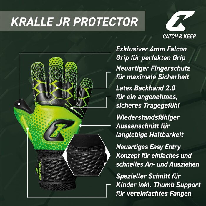 Дитячі воротарські рукавички CATCH & KEEP Protector: Преміум захист, надсильний хват, 6 пальців, зелені