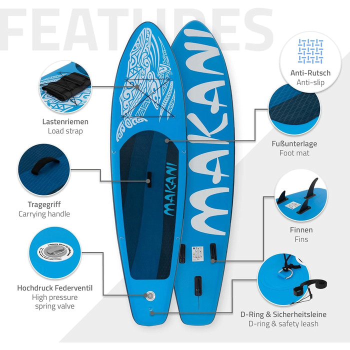 Надувна SUP-дошка ECD Germany Makani 320 см, PVC, алюмінієве весло, повний комплект, синя/помаранчева/чорна/бірюзова/зелена – для серфінгу, веслування, серфборд