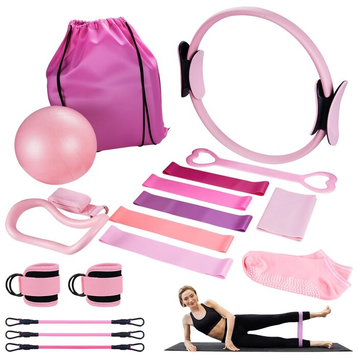 Набір для пілатесу 13 шт: кільце, фітнес-м'яч, еластичні стрічки, масажне кільце, для дому та фітнесу, рожевий