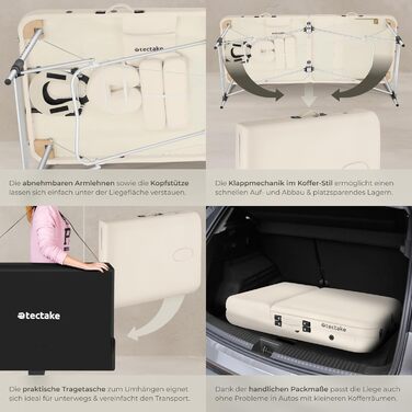 Масажний стіл Tectake 3 зони, складаний, регульована висота, з аксесуарами (головна підтримка, підлокітники, сумка) - Бежевий