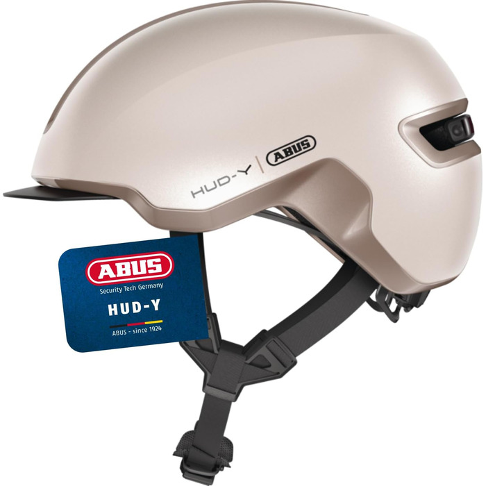Велошолом ABUS Urban HUD-Y з магнітним LED-ліхтарем, магнітною застібкою, для міста, для жінок і чоловіків, розмір L (57-61 см), бежевий (шампань-золото)