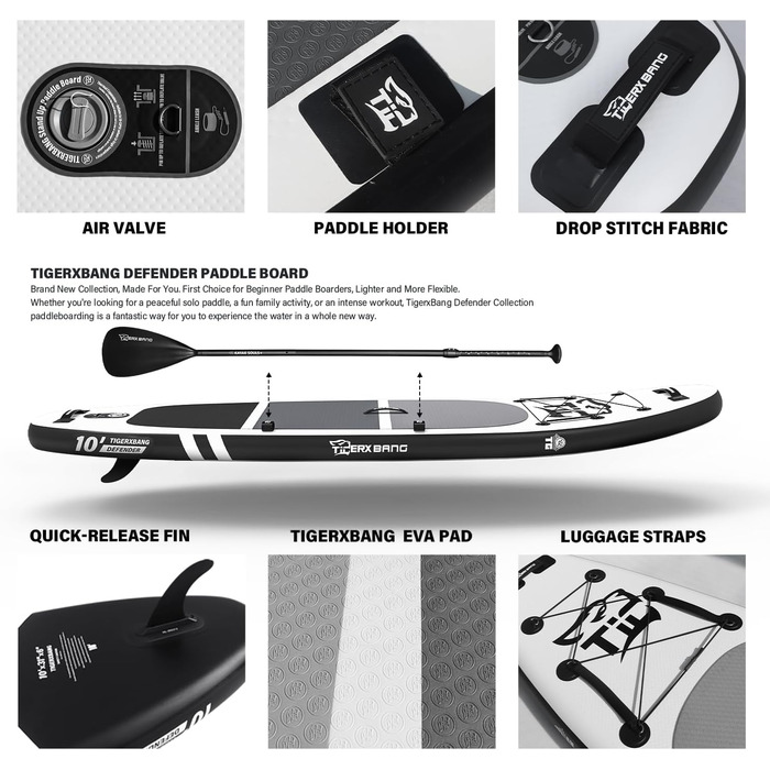 SUP дошка TIGERXBANG Defender-Pro надувна, 305 см, чорна - для стійкої плавучості та веслування