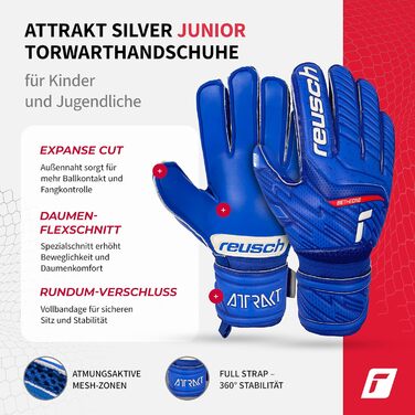 Воротарські рукавички Reusch Attrakt Silver Junior для дітей | Розміри 3-8 | Сріблястий латекс для ідеального зчеплення | Ергономічний дизайн для маленьких рук | Міцні для тренувань та гри