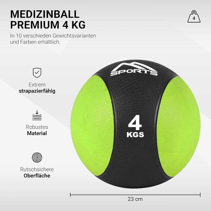 MSPORTS Медичний м'яч 4 кг, професійний, зелений, для фітнесу та реабілітації, з постером вправ