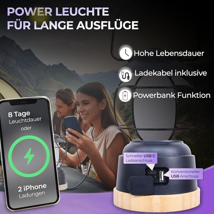 LED кемпінговий ліхтар Abenteuerlicht - вологостійка акумуляторна лампа для кемпінгу з тривалим часом роботи (200 годин), регульована яскравість, 2 колірні температури, 390 люмен, USB-зарядка