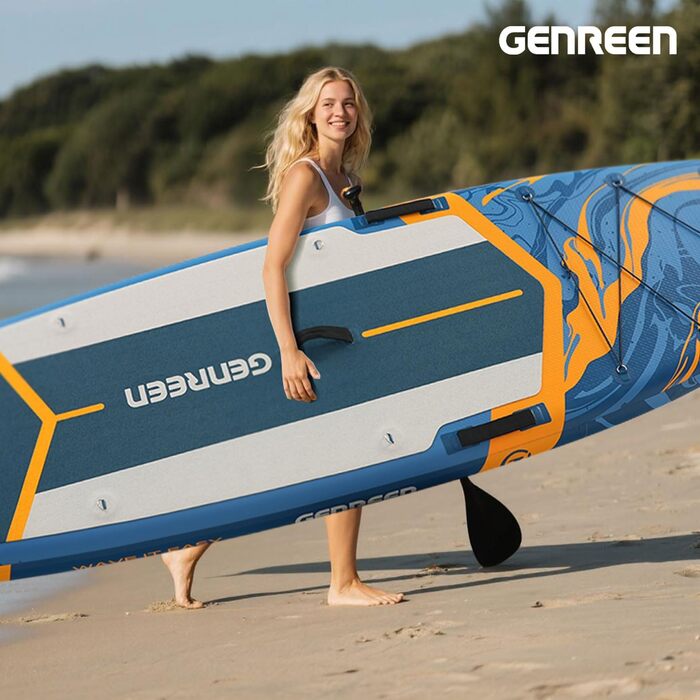Надувне SUP-борд GENREEN (Extra Groß) для всіх рівнів підготовки, 335x86 см, з аксесуарами, тримач для камери, 3 фіни, вантажопідйомність до 200 кг (Ocean blue)