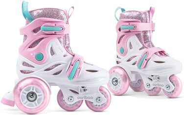 Роликові ковзани Cariboo для дітей, інлайнери для початківців, регульовані, 2 розміри, з навчальними колесами, рожеві, балетки (XS (26-30), рожево-м'ятні)