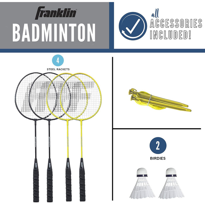 Бадмінтон Franklin Sports: Набір для гри на вулиці (4 ракетки, 2 волани, переносний сітка) - Сімейний набір для дорослих та дітей