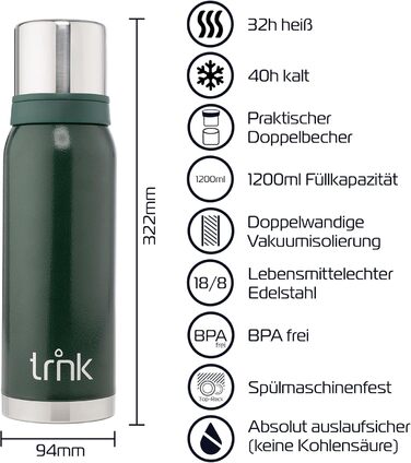 Термос trnk Outdoor Arktis 2, нержавійка, 1200 мл, BPA-free, 32 год тепла, кришка з 2 чашками, можна мити в посудомийці