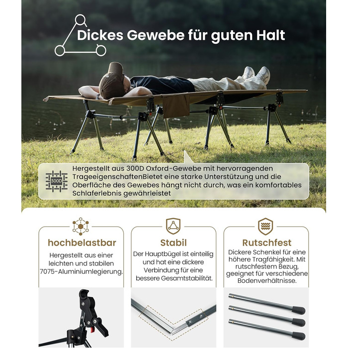 OneTigris SUPRANUBIS розкладне ліжко для кемпінгу 190x70 см, легке, портативне, до 150 кг, для намету, відпочинку на природі, подорожей, саду, офісу, колір Койот