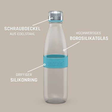 Скляна пляшка для води boddels DREE 650 мл з неопреною чохлом, боросилікатне скло, герметична, з гвинтовою кришкою, для спорту, школи, без BPA, бірюзова