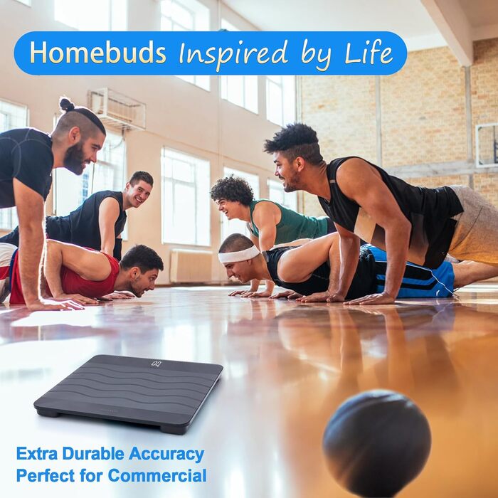 Цифрова вага для людей Homebuds 300kg з визначенням BMI та синхронізацією зі смартфоном по Bluetooth, 8 мм загартоване скло, широка платформа, чорна