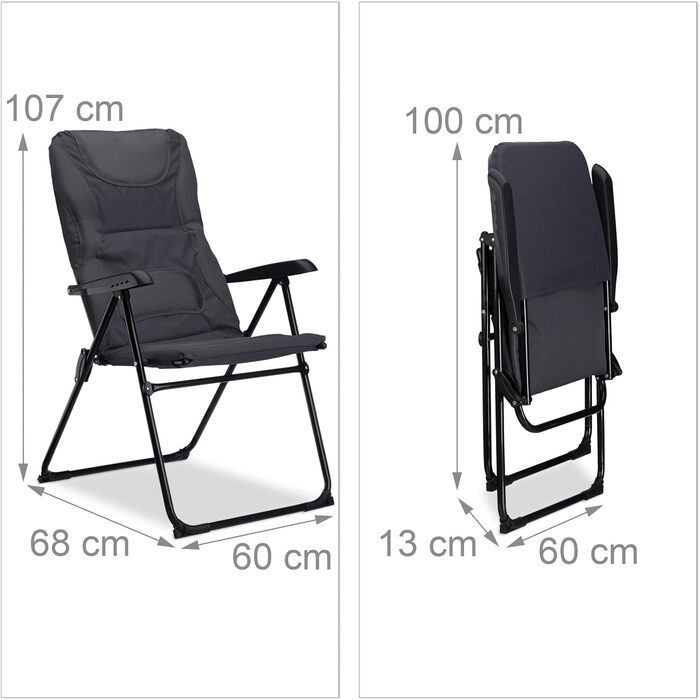 Крісло для кемпінгу Relaxdays Comfort, регульоване, сіре, для риболовлі, складна конструкція
