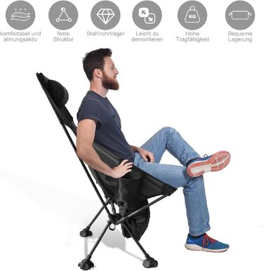 Зручний складаний стул для кемпінгу Bindokun, 120 кг, ультралегкий, з кишенями та підголівником, чорний
