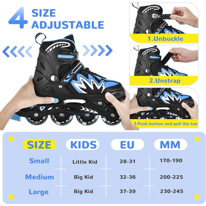 Роликові ковзани TOMSHOO Inliner з регулюванням розміру, LED-колесами, для дітей та дорослих (синій, L (37-39 EU))