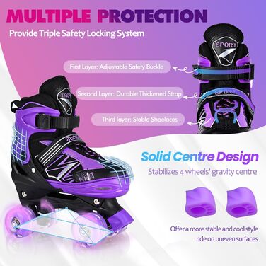 Дитячі ролики LOKJIJI для хлопчиків та дівчаток, регульовані, 4 розміри, фіолетово-білі та чорно-білі (M, чорний & фіолетовий)
