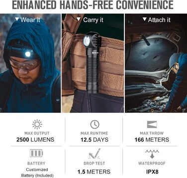 OLIGHT Perun 2: налобний ліхтар 2500 люмен, 166 метрів дальність, USB, 5 режимів, таймер, для бігу, риболовлі, кемпінгу, чорний