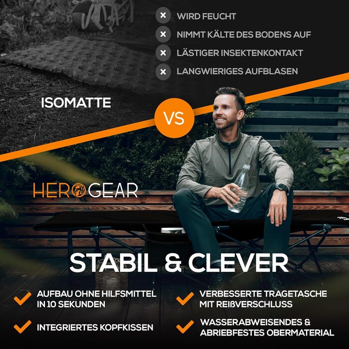 Килимок для відпочинку HEROGEAR: розкладне ліжко для кемпінгу, гостей, пляжу, саду та подорожей. Розміри: 190 x 67 см, чорний.