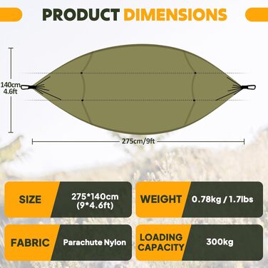 Одномісний гамак з москітною сіткою NatureFun 275х140 см (до 300 кг, хакі)