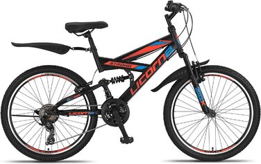Гірський велосипед Licorne Bike PREMIUM Strong V 24 дюйми, 21 швидкість, повна амортизація, чорний/синій/помаранчевий, для хлопців, дівчат, жінок і чоловіків