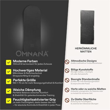 Килимок для йоги та пілатесу OMNANA MYTHOS BLACK 190x70 см, мікрофібра та натуральний каучук, нековзкий, вологопоглинаючий, 4 мм, для фітнесу та гімнастики