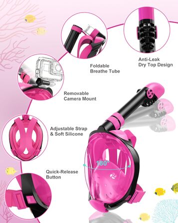Набір для снорклінгу для дітей та дорослих, повна обличчя маска для снорклінгу та регульовані ласти, панорамна маска для снорклінгу з системою сухого типу Рожева