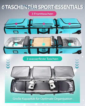 Чохол для сноуборду YOREPEK з колесами, водонепроникний, з 6 кишенями для сноуборду та лиж, розширюваний, 170 см, для подорожей літаком (Світло-блакитний)