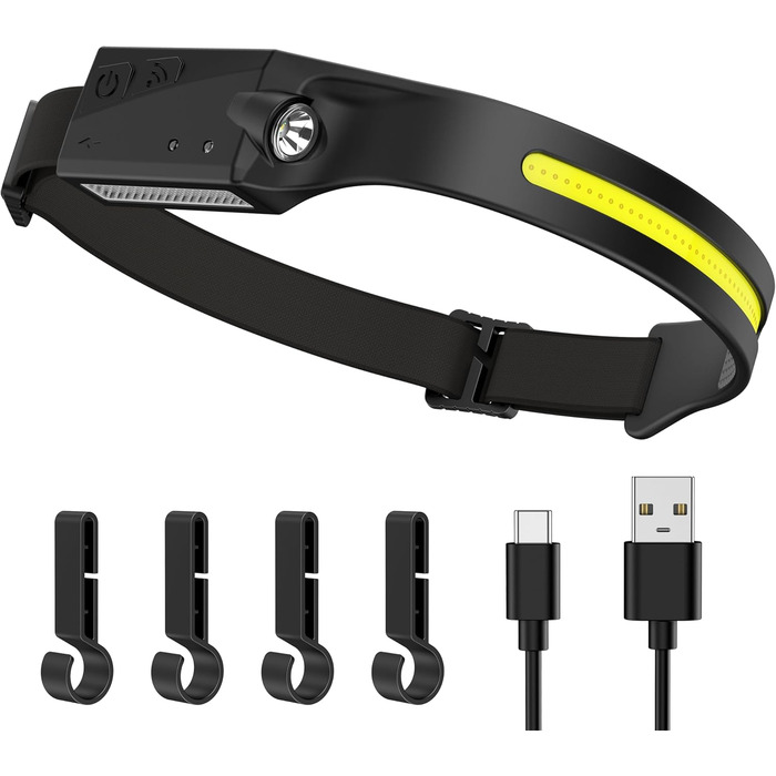 LED налобний ліхтар з акумулятором, 350 люмен, 4 режими, USB-C, сенсор, для бігу, риболовлі, ремонту та активного відпочинку