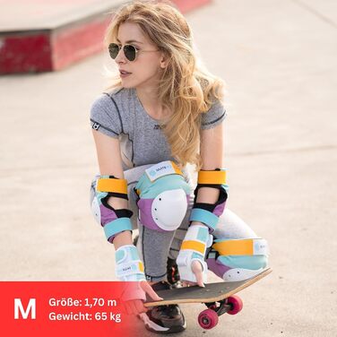Захисний комплект SKATEWIZ для дорослих і підлітків, 6 предметів, неопренові рукави, для роликів, німецький виробник, наколінники з функцією Locked-In, розмір L, для міцної статури, лаванда/синій/жовтий
