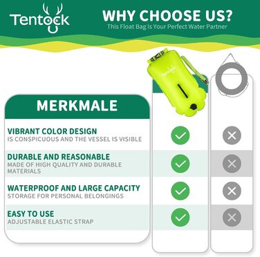 Tentock Плавуча сумка 28L, водонепроникна, надувна, для плавання та водного спорту. Безпечний плавучий засіб для триатлонів, каякінгу та снорклінгу. Колір: яскраво-зелений.