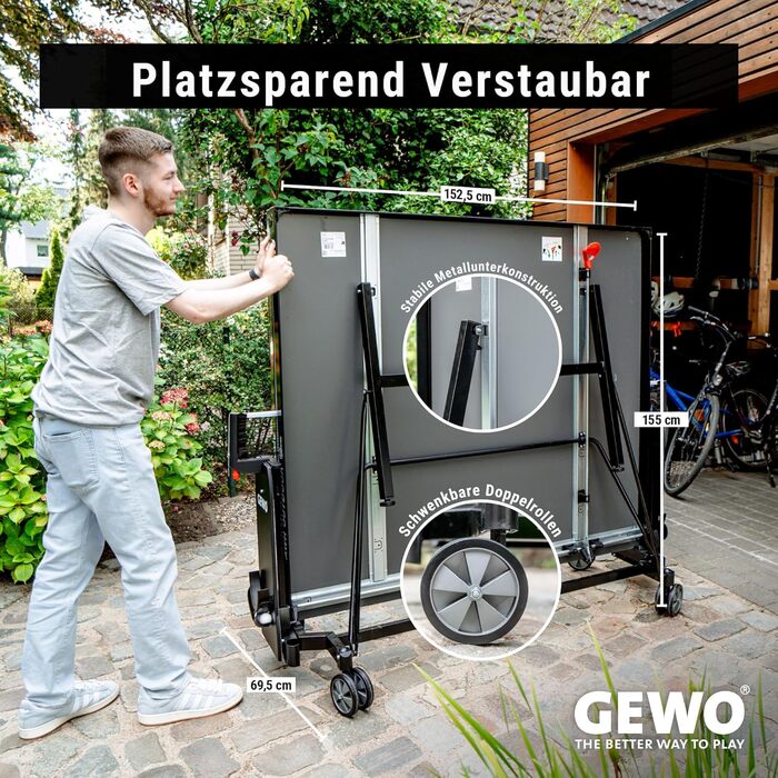 Турнірний стіл для настільного тенісу GEWO PROFI OUTDOOR – Outdoor, вологостійкий, складаний, розмір ITTF, з сіткою, ракетками та м'ячами – Made in Germany