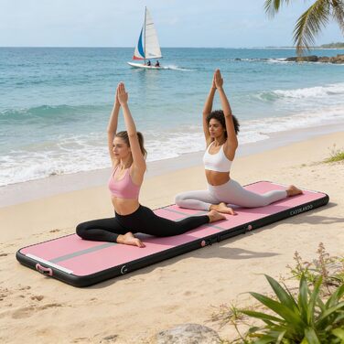 Гимнастичний надувний мат Airtrack CASSILANDO для тамблінгу та йоги, матовий, 400 x 100 x 10 см (Рожевий/Чорний) з насосом