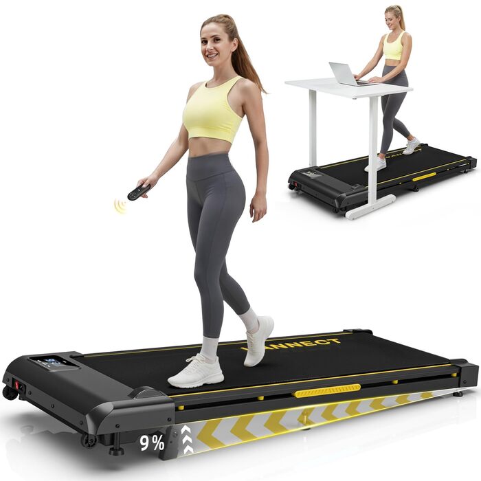 Walking Pad VANNECT - компактний біговий тренажер для дому з регулюванням нахилу, LED-дисплеєм та пультом керування. Максимальне навантаження 150 кг, потужність 2.75HP, жовтий. Без збирання.