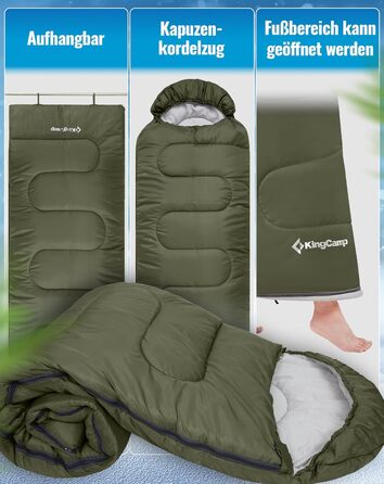 Сплячий мішок KingCamp Oasis для кемпінгу, 3-4 сезони, водовідштовхувальний, легкий, 220x75 см, для дітей та дорослих, з можливістю з'єднання, для подорожей та активного відпочинку
