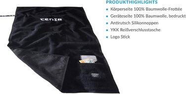 Рушник для фітнесу Tenir® з силіконовими точками, нековзкий, 100% бавовна, для спортзалу, бодібілдингу, з кишенею на блискавці, 100 x 50 см, чорний