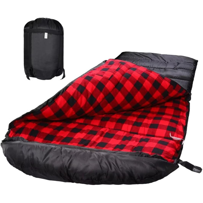 Спальний мішок Baumwoll-Flanell для дорослих, 100% бавовняний, для кемпінгу, піших прогулянок, подорожей з рюкзаком, легкий, 3-4 сезони (Чорний/Червоний, 2.8 кг)
