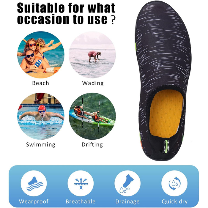Чоботи для плавання та водних видів спорту для жінок та чоловіків. Нековзкі, швидковисихаючі, розмір 36-45 (39 EU, A Чорний)