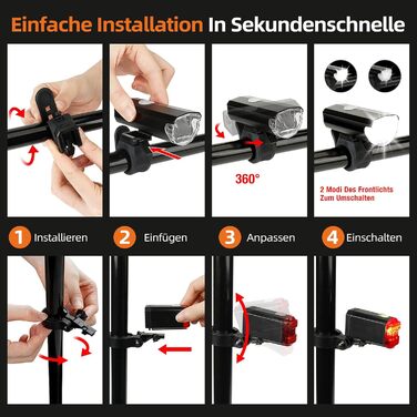 Набір переднього та заднього велоліхтаря LED USB, StVZO, IPX6, чорний+червоний