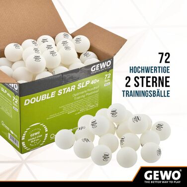 GEWO Double Star SLP тенісні м’ячі для настільного тенісу 2 зірки, пластикові 40+ мм, безшовні, професійні тренувальні, 72 шт., білі