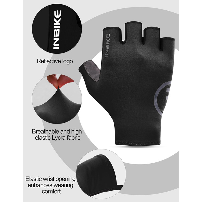 Велосипедні рукавички INBIKE літні напівпальцеві дихаючі, з еластичністю, для шосе та MTB, 3 мм SDR, антиковзаючі, з світловідбиваючими елементами, чорні, чоловічі/жіночі