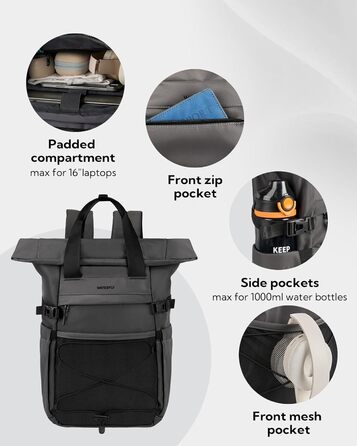 WATERFLY Ролтоп-рюкзак 16-21 л для ноутбука 16'' — стильний міський рюкзак для чоловіків і жінок, водостійкий, для навчання, роботи, подорожей, спорту