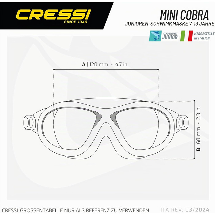 Маска для плавання CRESSI Mini Cobra Junior (7-15 років) - прозора/лайм. Антифог, антиподряпин, UV-захист, силікон, мікрорегульовані застібки для басейну та моря