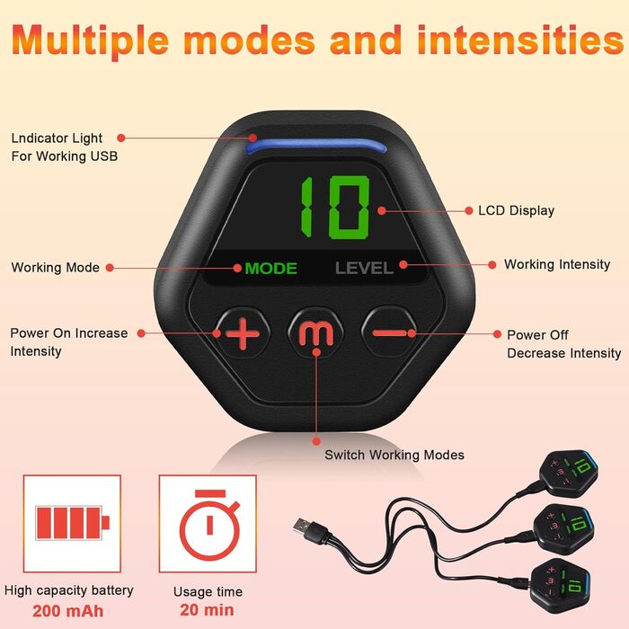 Електростимулятор м'язів UIHOL EMS з LCD-дисплеєм, тренажер для пресу, 10 режимів, 20 рівнів інтенсивності, USB акумулятор, портативний, для жінок і чоловіків