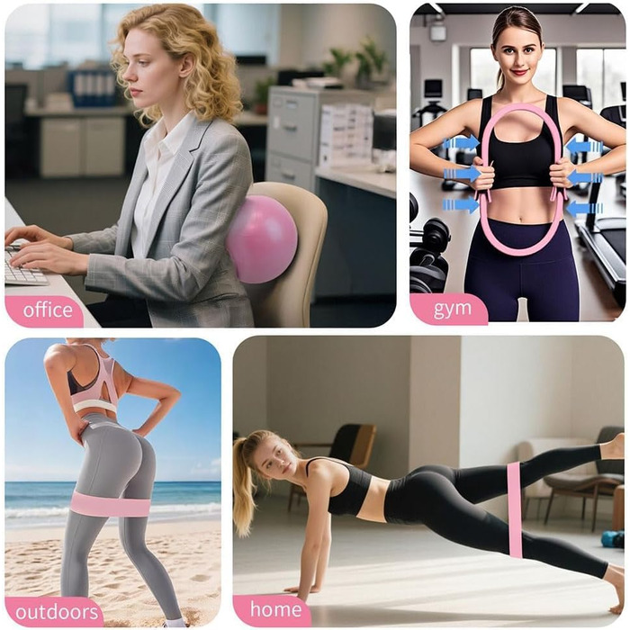 Набір для пілатесу: Magic Circle, еластичні стрічки, м'яч, шкарпетки, ролер. Тренування вдома для жінок та початківців